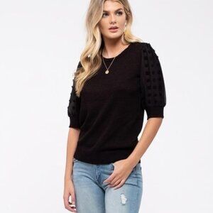 NWT Blu Pepper Short Sleeve Sweater Black Puff Sleeves Polka Swiss Dots